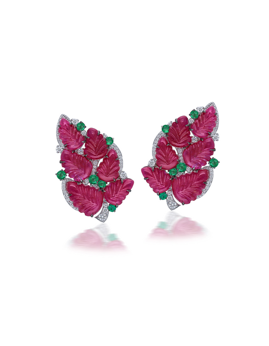 Carved Ruby Leaf Earrings
